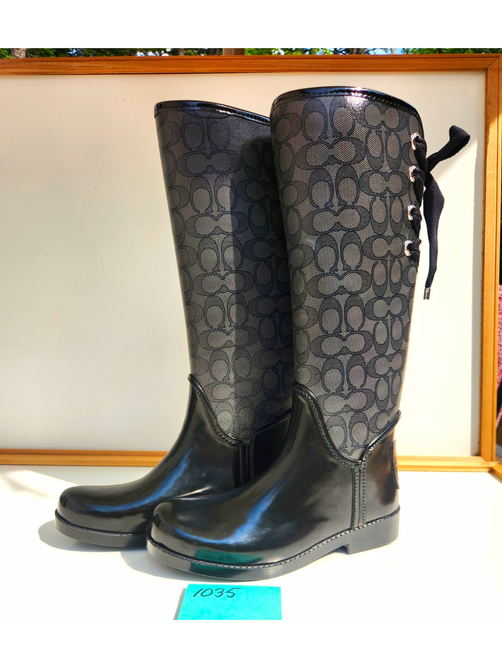 Coach Signature Women’s Knee High Lace-Up Rain Boots Logo Black/Gray US 7